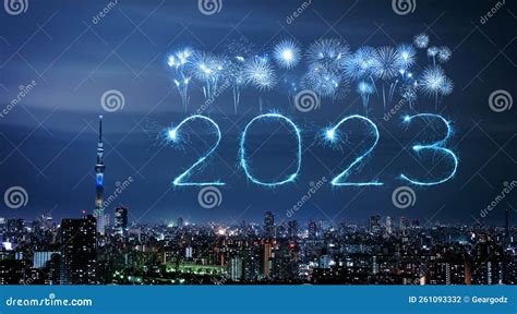 2023 Happy New Year Fireworks Over Tokyo Cityscape at Night, Japan Stock Illustration ...