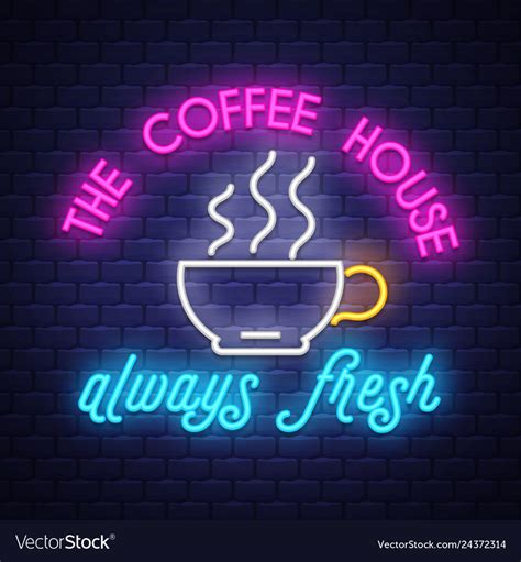 Coffee- neon sign on brick wall background Vector Image