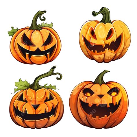 Set Of Four Creepy Halloween Pumpkins In Cartoon Style, Scary Face ...