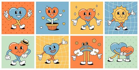 A set of retro characters from comics. Cartoon vintage hearts with legs and arms, rainbow, sun ...