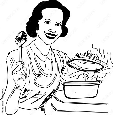 Smiling girl preparing food cartoon drawing, woman in kitchen line art ...