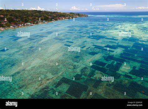 Aerial of the waterway between Nusa Lembongan and Nusa Ceningan showing small boats moored over ...