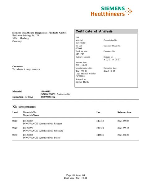 Certificate of Analysis: Kit Components | PDF | Coefficient Of ...