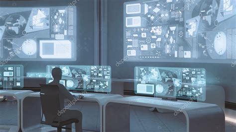 Modern, futuristic command center interior with people silhouettes Stock Photo by ©it.i3d.pl ...