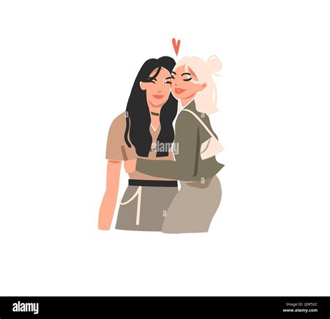 Vector illustration of two happy smiling,beauty best friends teenage girls hugging and drink ...