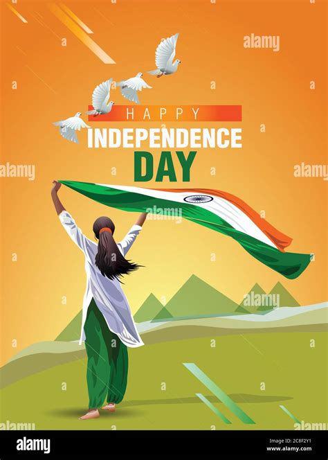 Indian Girl waving flag her hands. 15 August Happy Independence day ...