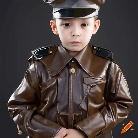 Photo-realistic image of a young boy in a leather security guard uniform on Craiyon