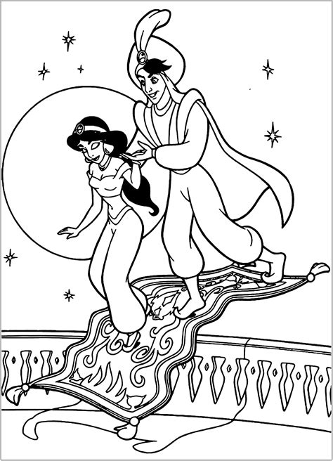 Aladdin and Jasmine, Disney characters - Aladdin Coloring Pages for Kids