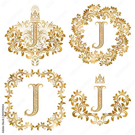 Golden letter J vintage monograms set. Heraldic monogram in coats of ...