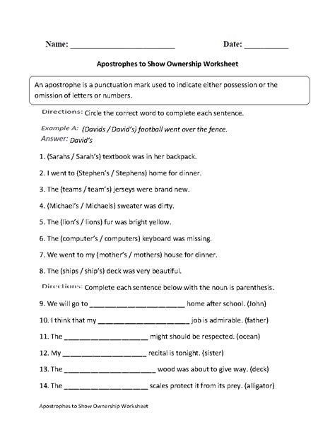 Apostrophes Worksheets | Apostrophe to Show Ownership Worksheet