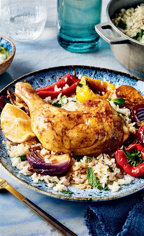 Roasted Chicken & Veggies With Lemon Herb Rice | Canadian Living | Yummy chicken recipes, Roast ...