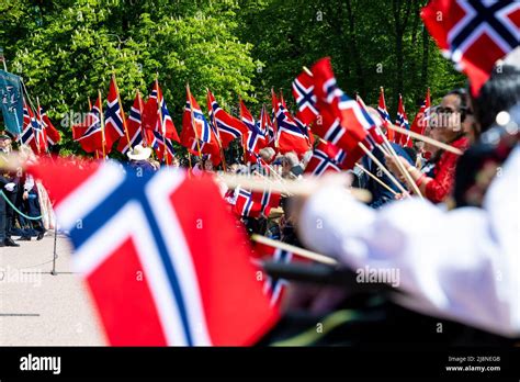 Norwegian flag during the celebrations of the National Day at the Palace Balcony in Oslo, Norway ...