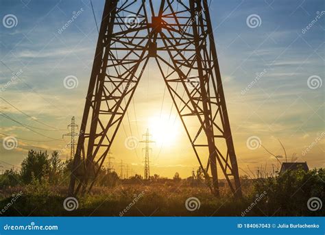 Power Line Support Tower and Sunset Sun Stock Image - Image of station ...