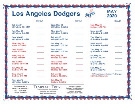 Printable 2020 Los Angeles Dodgers Schedule