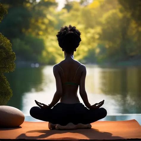 woman in meditation, red long hair, forest, pine tre...