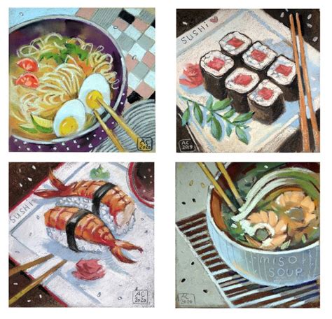 A series of 4 small paintings Japanese food Drawing by Alexandra ...