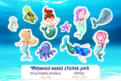 Cute mermaid stickers Printable stickers Kids sticker pack By Shuneika | TheHungryJPEG