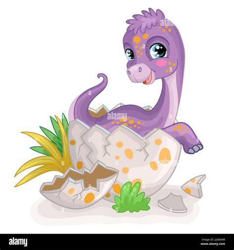 Happy baby dinosaur diplodocus sitting in egg on nature. Cute cartoon character. Vector isolated ...