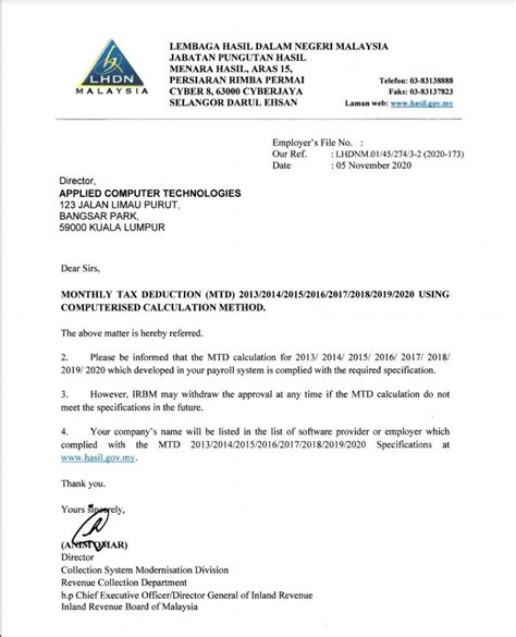 LHDN Approval for PCB Calculations