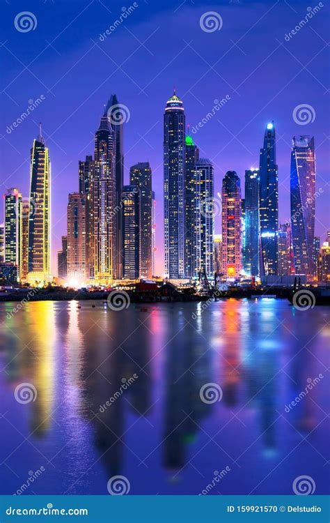 Dubai Marina Skyline at Night with Water Reflections, United Arab Emirates Stock Photo - Image ...