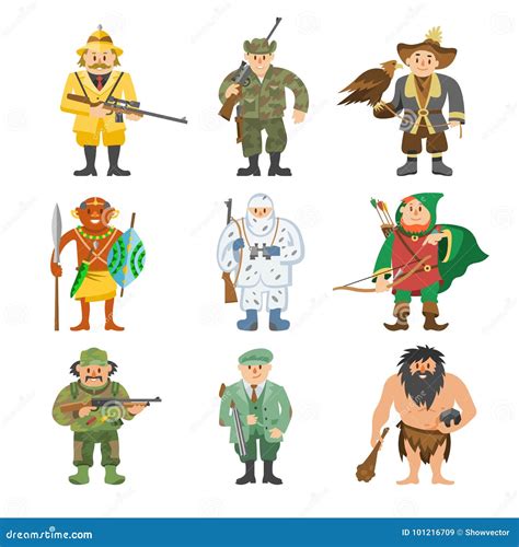 Characters Of Hunters. Vector Cartoon Illustrations Of Various Hunter ...