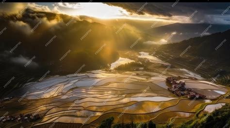 Premium AI Image | Aerial view rice paddy field terrace Generative AI