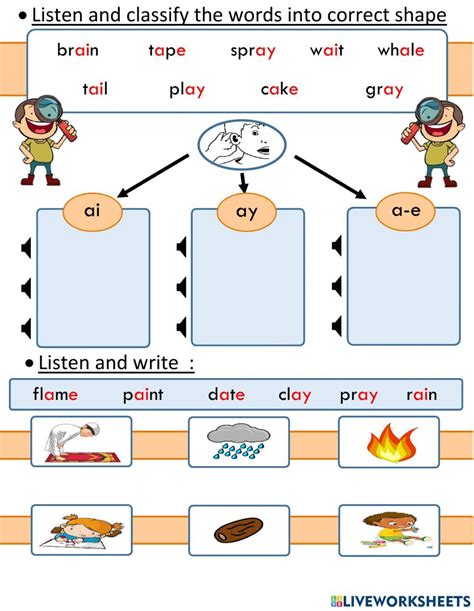 Listen classify and write (ay-ai-a-e) worksheet | Phonics worksheets, Phonics words, Phonics ...