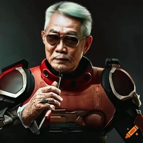 Cinematic portrait of an old confident asian man in sci-fi armor with a red rifle on Craiyon