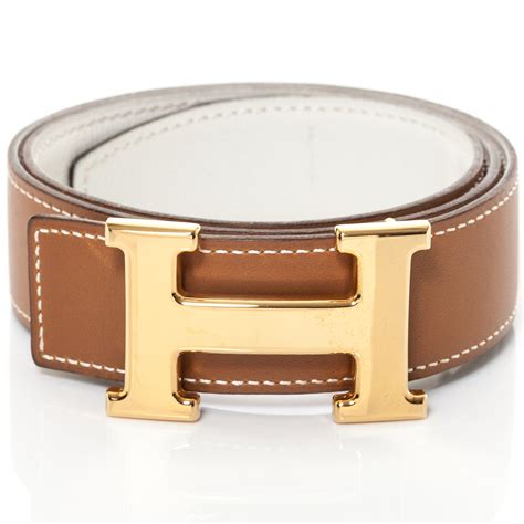 HERMES Leather Reversible H Belt 65 Gold Blanc 35373