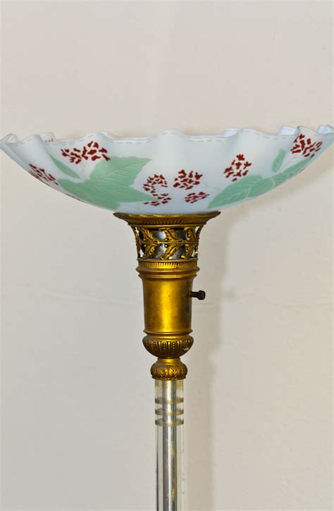 ANTIQUE DECO TORCHIERE LAMP PR FROSTED GLASS REVERSE PAINTED SHADE CRYSTAL STEM | eBay