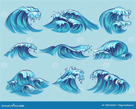 Waves Of Sea Or Ocean Waves, Blue Water, Splash And Gale, Vector ...