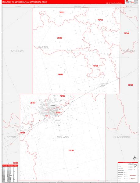 Midland, TX Metro Area Wall Map Red Line Style by MarketMAPS - MapSales