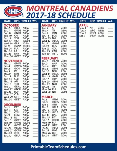 Printable Montreal Canadiens Schedule - Printable Schedule