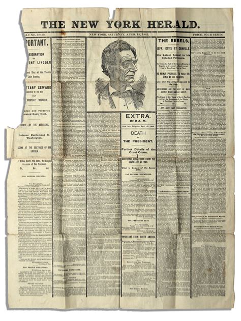 Lot Detail - Front Page of The 15 April 1865 Edition of ''The New York Herald'' Announcing ...