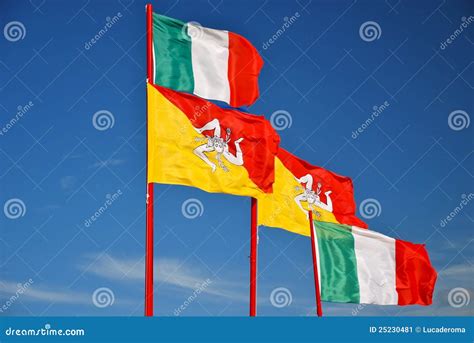 Flag Of Sicily Waving Along With Italian One Stock Image - Image: 25230481