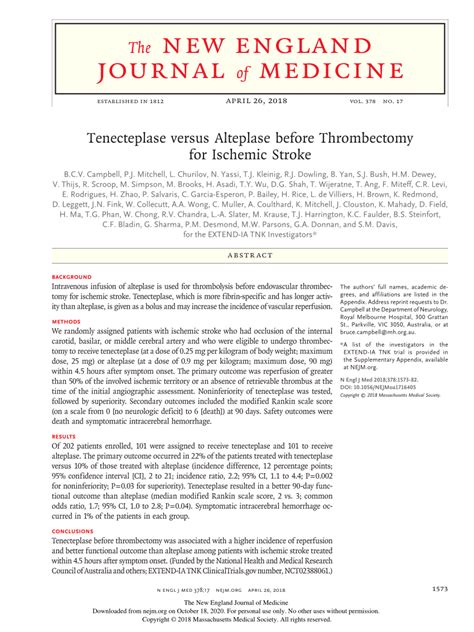 (PDF) Tenecteplase versus Alteplase before Thrombectomy for Ischemic Stroke