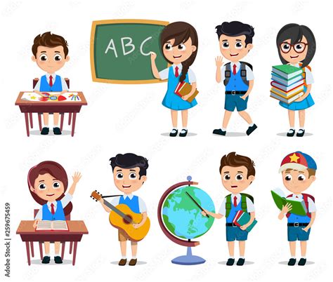 School students vector characters set. Young happy kids cartoon ...