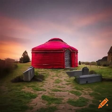A red yurt pitched in a walled garden that overlooks a small church with graveyard on Craiyon