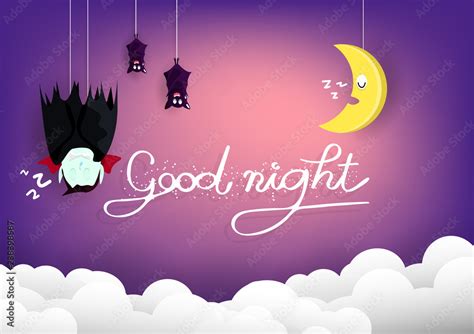 Good night, Halloween concept, vampire and bats sleeping with moon on sky cartoon puppet ...