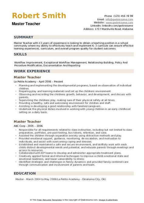 Master Teacher Resume Samples | QwikResume