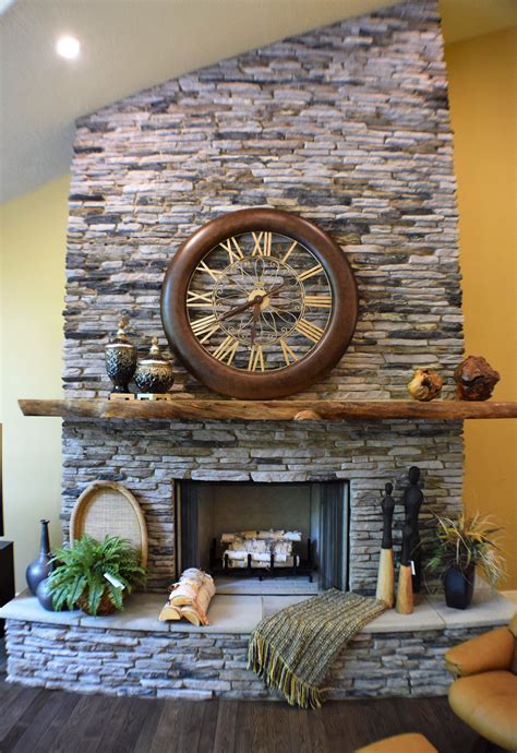 Beautiful Stone Fireplace with Live Edge Mantel. | Cabin fireplace, Brick fireplace makeover ...