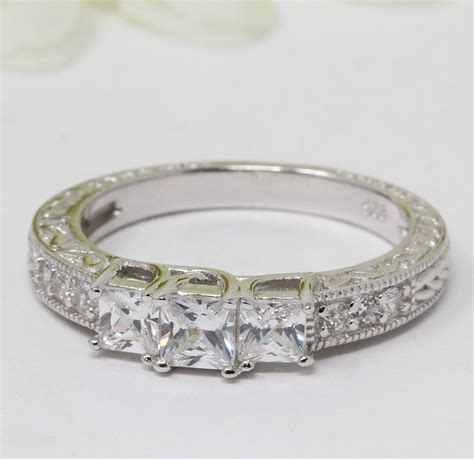 3-stone Wedding Engagement Ring Princess Cut Round Simulated Diamond ...