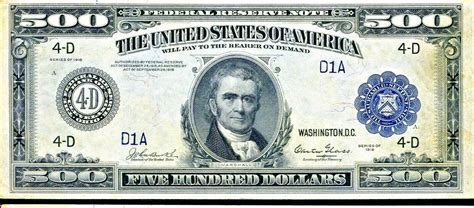 Reproduction US $500 Dollar Bill, Series 1918 Large size with BLUE seal- Replicas & Reproductions