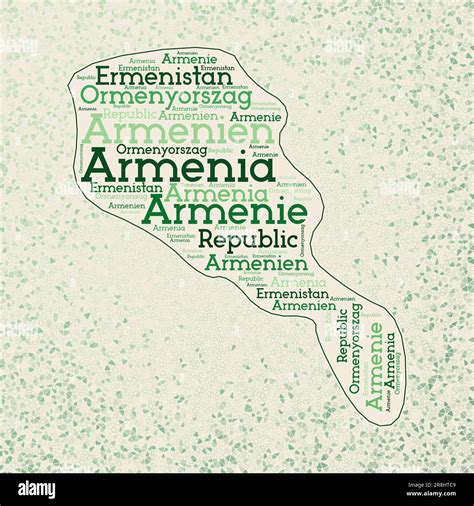 Armenia shape whith country names word cloud in multiple languages. Armenia border map on ...