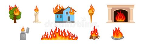 Flaming and Burning Objects with House and Tree on Fire Vector Set ...