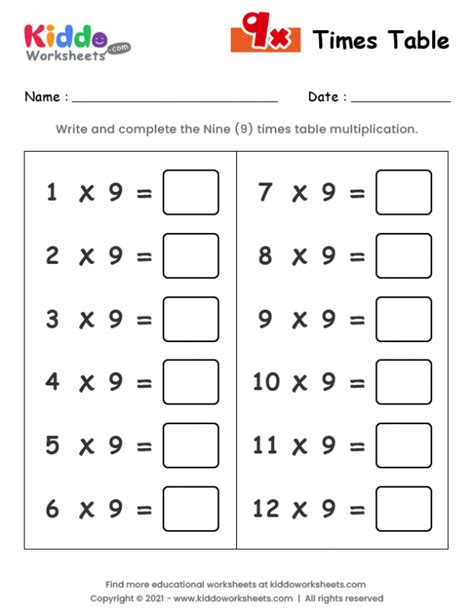 9 Times Table Worksheet Free Printable | Elcho Table