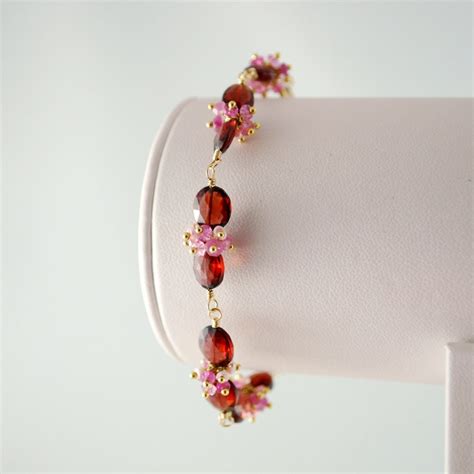 Pink and Red Garnet Bracelet, Bridal Jewelry, Genuine Ruby Gemstone ...