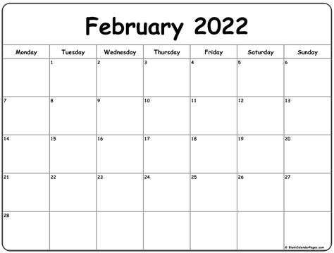 February 2022 Monday Calendar | Monday to Sunday