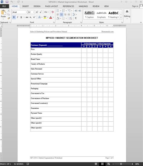 Market Segmentation Worksheet Template Word