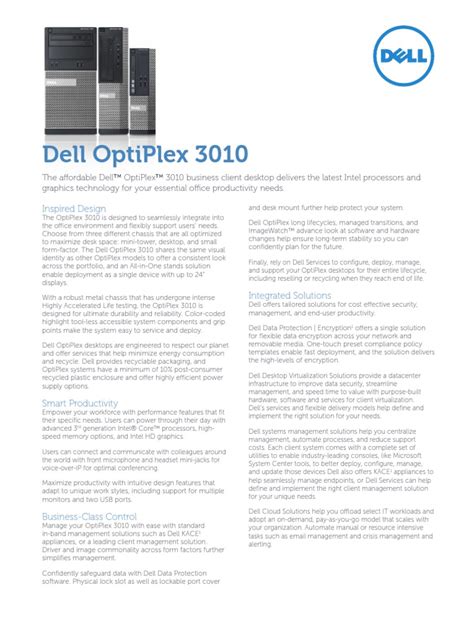 Dell OptiPlex 3010 Spec Sheet | Multi Core Processor | Intel